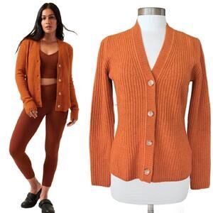 Athleta Layover Cardigan Sweaater Small Foliage Orange Merino Wool Blend Ribbed
